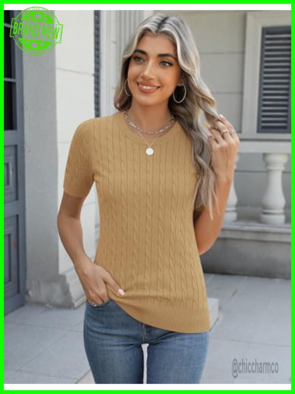 Short Sleeve Cable Knit Crewneck Sweater - Soft Lightweight Knit Top - Picture 2 of 7